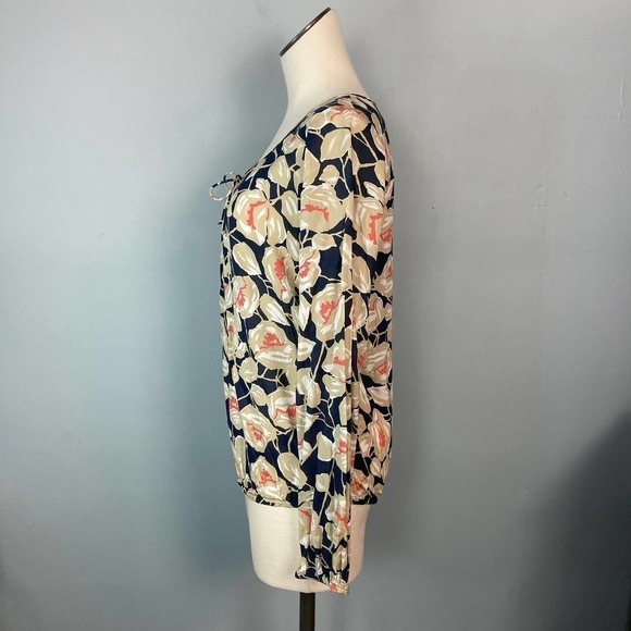 Lucky Brand Floral Vine Lace Up Neckline Peasant Blouse Navy Blue Tan Size M - Picture 7 of 16